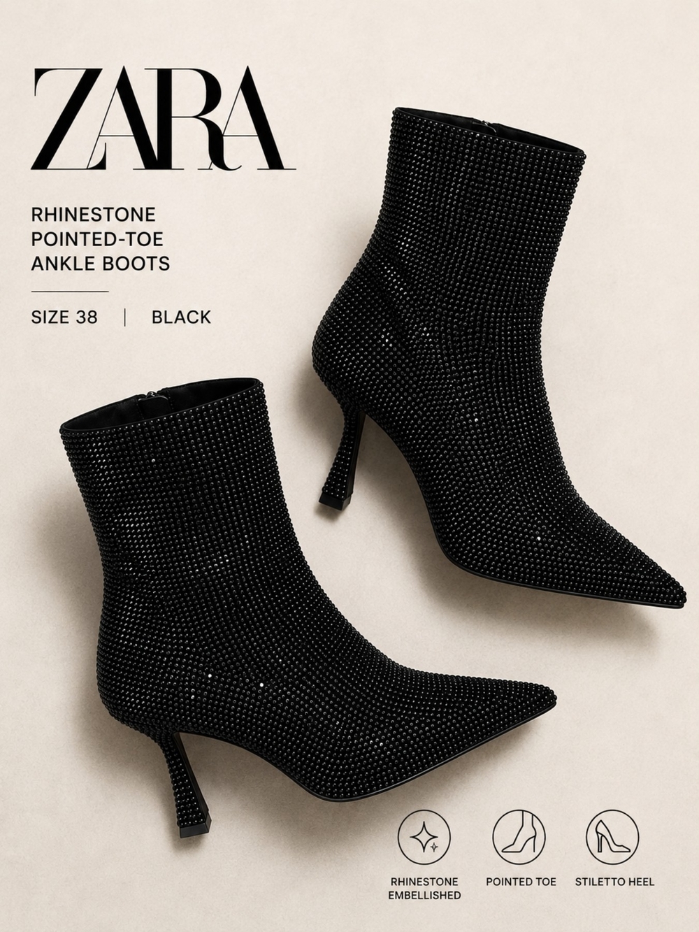 ZARA Black Rhinestone Crystal Pointed Toe Stiletto Ankle Boots, Size 38